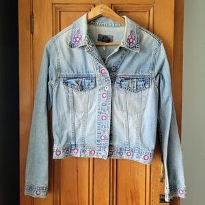 Vintage 90s Boho Grunge Cropped Denim Jacket with Floral Embroidery Small